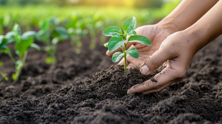 Hands planting sapling - Sustainable regenerative future
